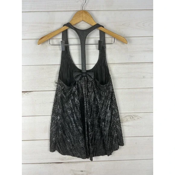 Weavers Tank Top Womens Small Black Metallic Pleated Racerback Bow Party Hi Low - Picture 2 of 5